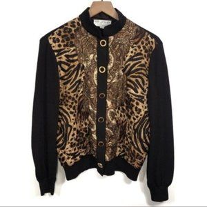 St. John Collection Brown Animal Print Knit Open Front Cardigan Chic Size Small